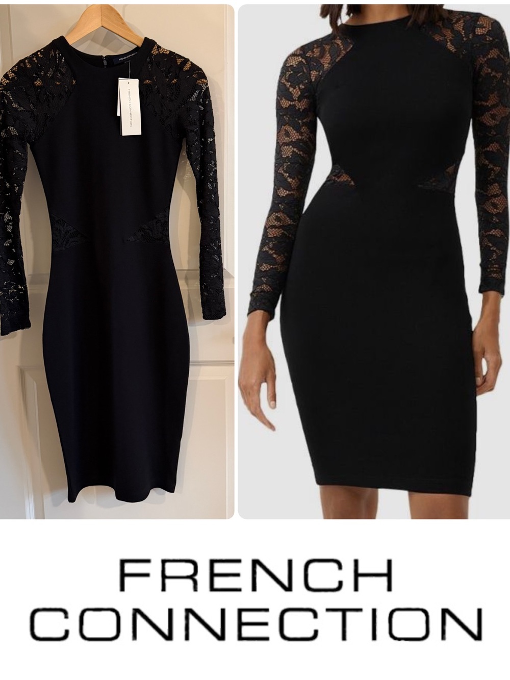 French Connection Vivian Lace Sleeve Black Bodycon Dress Size 2 New with Tags